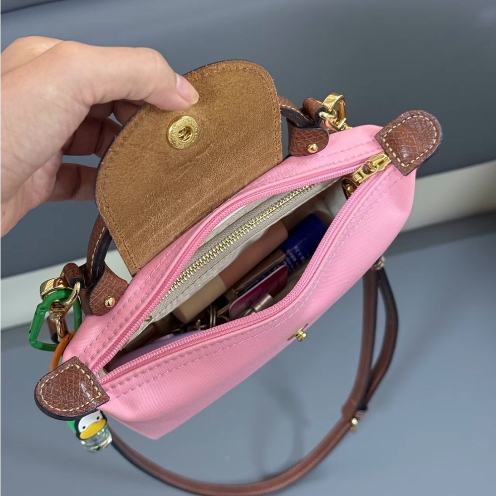 Longchamp Mini Le Pliage Pink Canvas Crossbody Bag Brown Leather Trim - Picture 4 of 4